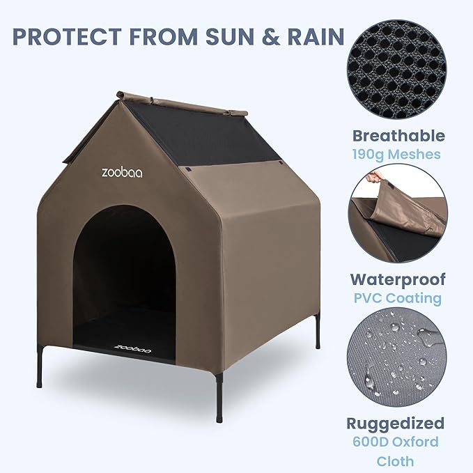 29" 2-in-1 Dog House for Medium Dogs, Elevted Dog House Outdoor/Indoor, Weatherproof Elevated Pet Shelter, Breathable Mesh & Steel Frame, Easy to Assemble & Clean(Brown)