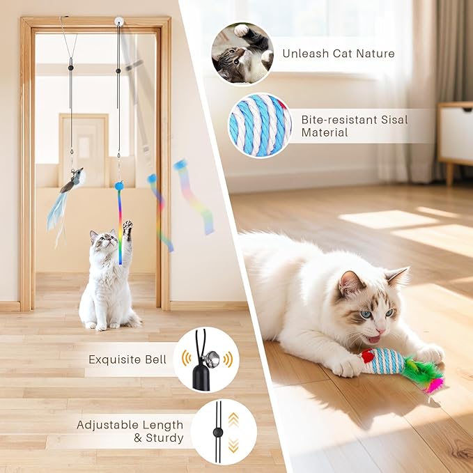 HONGDDY Interactive Bird Simulation Cat Toys,4 in 1 Cat Toys for Indoor Cats, 4 Replacement Birds,Hanging Door Kitten Wand with Suction Cup Removable Feathers Balls Mice Butterfly Streamers