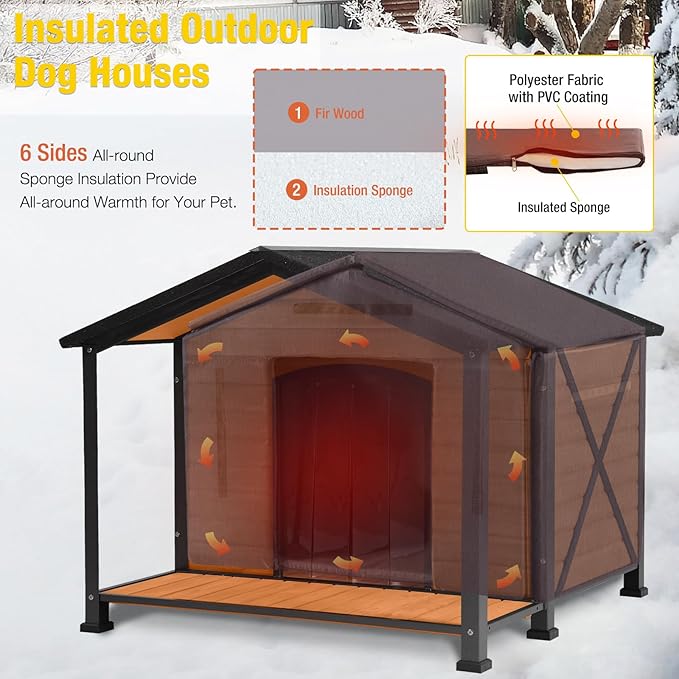 Aivituvin Dog House Outdoor with Metal Frame, Insulated Dog Kennel Outside for Large Breed, 41.5" Weatherproof Large Dog Shelter with Insulated Liner, Brown (41.38" D x 41.54" W x 34.05" H)