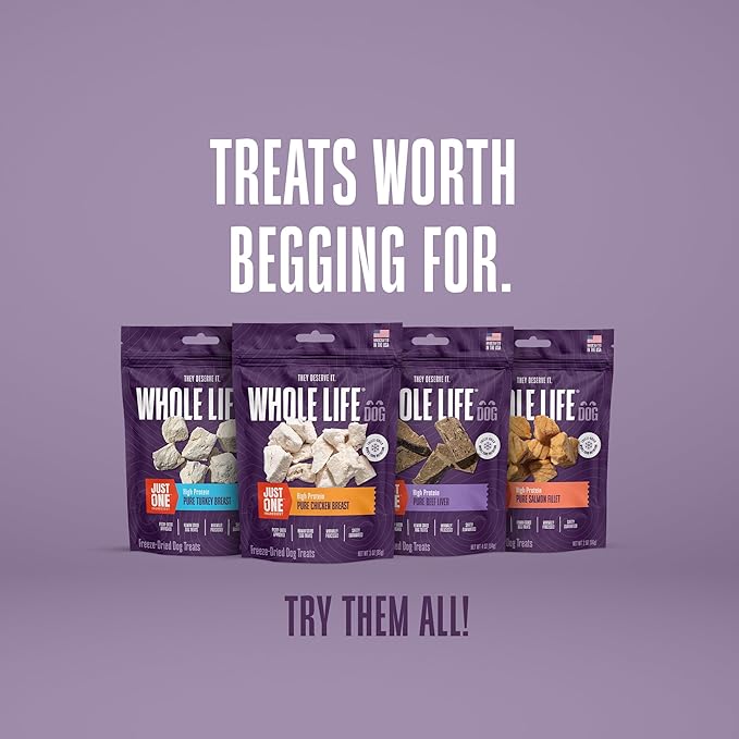 Whole Life Dog Just One Turkey Freeze Dried Dog Treats - Human Grade High Protein Food, Healthy Training Snacks, Freeze Dried Food Toppers, USA Made Natural Treats - 2.5 oz (Value Pack of 1)