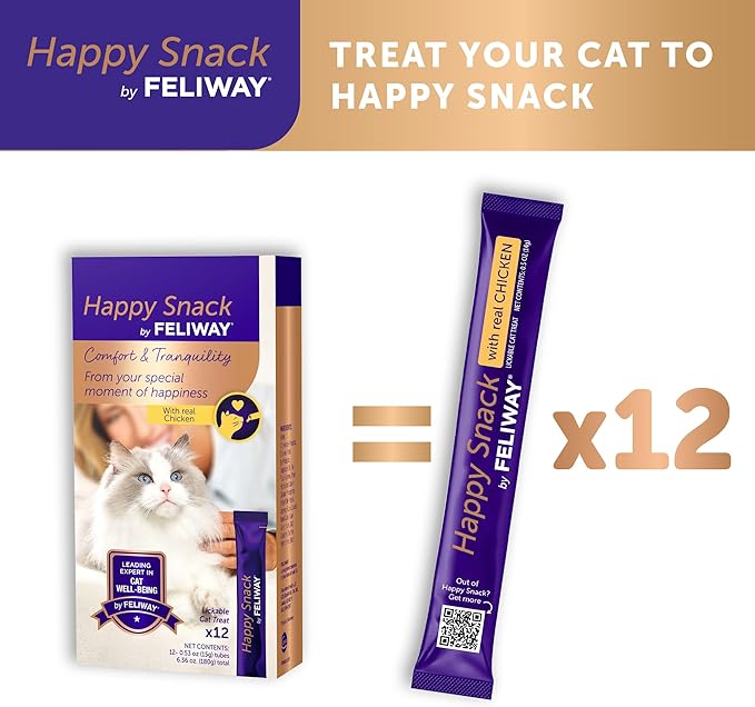 Feliway Happy Snack, Delicious, Lickable, Squeezable Purée Cat Treats for a Daily Calming Routine, Made with Real Chicken, 12 Pack (0.5oz Tubes)
