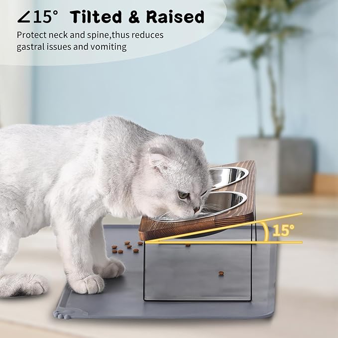 Upgraded Elevated Cat Bowls with Food Mat,15°Tilted Stand Anti Vomiting Raised Cat Dishes for Food and Water,2 Stainless Steel Bowls for Cats and Puppy(Rustic Brown)