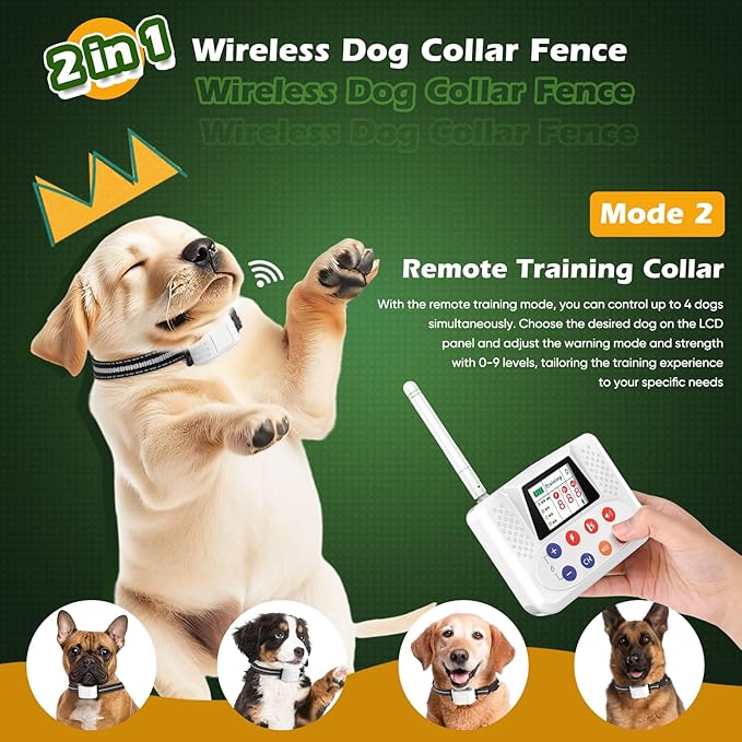 Wireless Dog Fence, Electric Fence for Dog with Big LCD Screen, Portable Pet Wireless Fence with 2.4G Antenna, Waterproof Dog Perimeter Collar for Outdoor Use, Adjustable for Large Medium Small Dogs