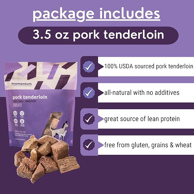 Momentum Carnivore Nutrition Freeze-Dried Pork Bundle –Pork Tenderloin Treats & Training Bites – Single Protein Dog & Cat Treats – Grain-Free, High Protein, USA Made – 3.5 oz and 2.5 oz