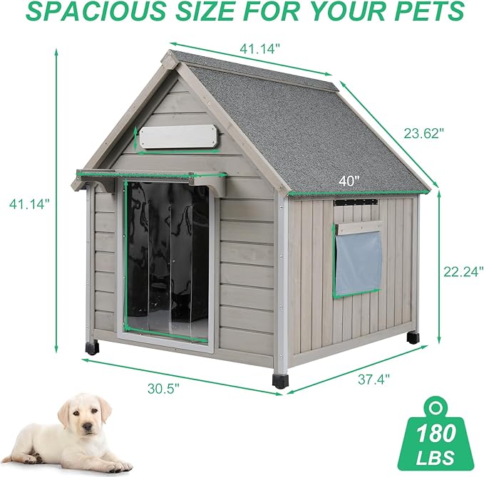 30.5" L Outdoor Dog House with Waterproof Asphalt Roof for Small to Medium Dogs,Large Wooden Indoor Dog Kennel with Anti-Chewing Metal,Oxford Cloth Window,Durable Doghouse for 1-2 Dogs