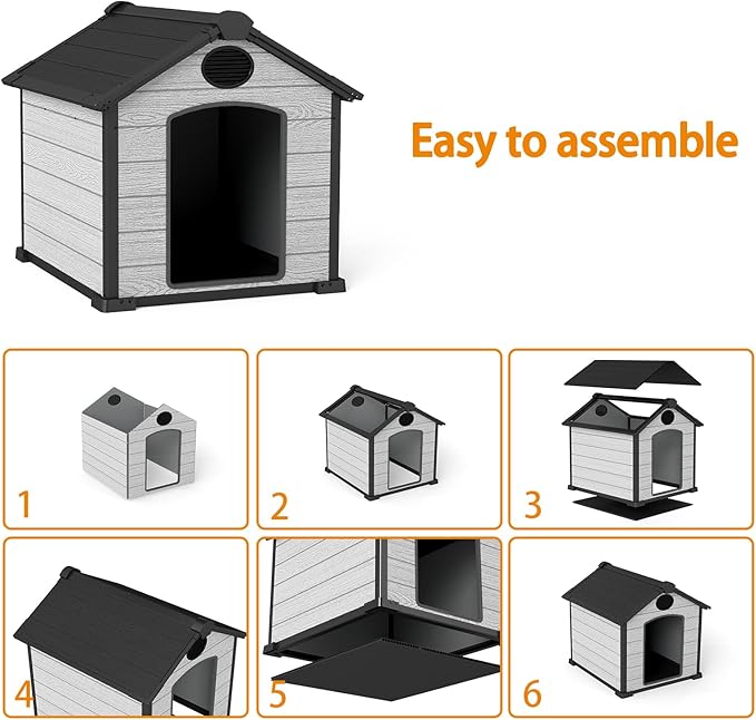 45" Large Dog House Outdoor Indoor with Durable Waterproof Resin Plastic for Medium Large Dogs, Dog House Bed with Air Vents and Elevated Floor, Easy to Assemble (Grey, 45" L x 40" W x 40" H)