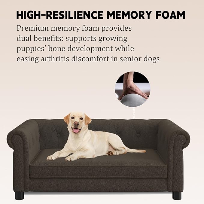 39" Dog Sofa Couch Bed for Small to Large Dogs, Soft Memory Foam Pet Sofa with Removable Cover, Comfortable Pet Couch with Backrest and Armrests, Easy to Clean and Maintain
