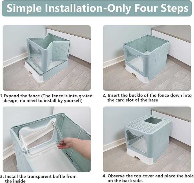 Foldable Cat Litter Box with Lid, Enclosed Potty, Large Top Entry Anti-Splashing Toilet, Easy to Clean Including Litter Scoop and 2-in-1 Cleaning Brush (Blue)