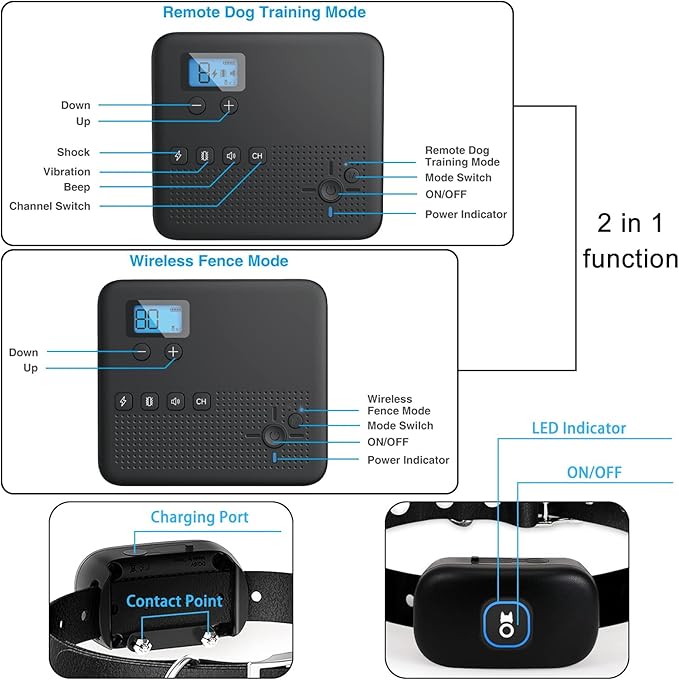 Wireless Dog Fence & Remote Training Collar, Pet Containment System with Adjustable Radius Range 16ft to 393ft, Waterproof & Rechargeable Training Collar Receivers for All Dogs (Black & White)