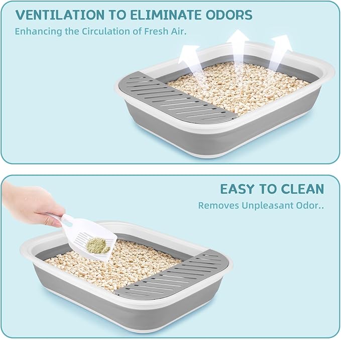 Collapsible Kitty Litter Box, ShineMe Open Top Cat Litter Tray with Scoop and Litter Bag, Anti-Splashing Waterproof Cat Toilet Potty Pan 17.7” x 13.5”, Grey