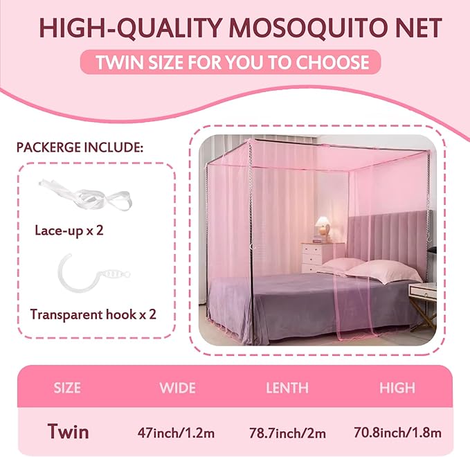 4 Corners Pink Rectangular Mosquito Net for Bed Mosquiteros para Camas Bed Netting Canopy Mosquito Mesh for Camping Outdoor Travel Dormitory Home Bedroom Decor L79 X W47 X H71 Inch