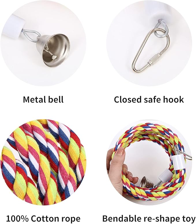 2Pcs 63'' Bird Rope Perches Birdcage Swing Toys 100% Cotton Natural Bird Perch Peck/Chewing with Bell Climbing Standing Bungee Parrot Toys for Small to Regular Size Parrot Cockatiel Birds