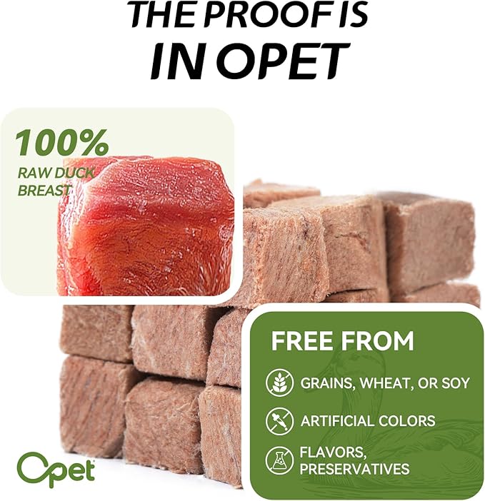 OPET Freeze Dried Duck Cat Treats, Single Ingredient Grain Free High Protein Pet Food for Cats and Dogs, Healthy Training Snacks,Freeze Dried Food Topper (Duck Cubes, 6.36 Ounce)