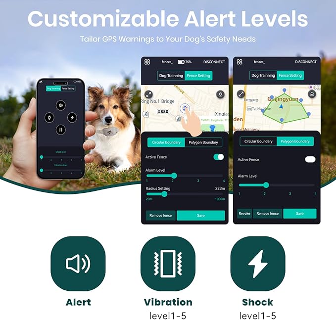 Upgraded GPS Dog Fence & Tracking Collar System - No Subscription Required, Customizable Boundaries via App, Waterproof Rechargeable Collar with Remote Training, 1-Minute Setup, Long Battery Life