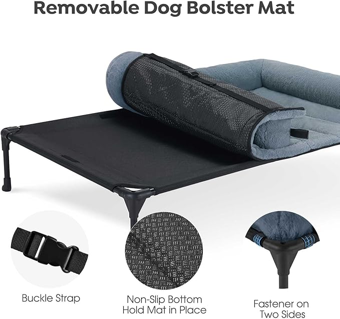 Veehoo Cooling Elevated Dog Bed with Fluffy Plush Bolster Cushion, Indoor Raised Dog Beds for Large Dogs, Soft Pet Sofa Cot with Removable Washable Mat, No-Slip Feet, 42 x 30 inches, Haze Blue