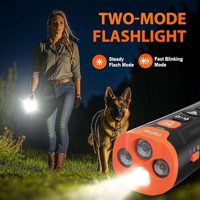 Ultrasonic Dog Bark Deterrent Device, 50 ft Range, LED Flashlight, 3 Heads, Correct Dogs Bad Behaviors Without Harm, Alternative to Dog Training Collars and Bark Collars