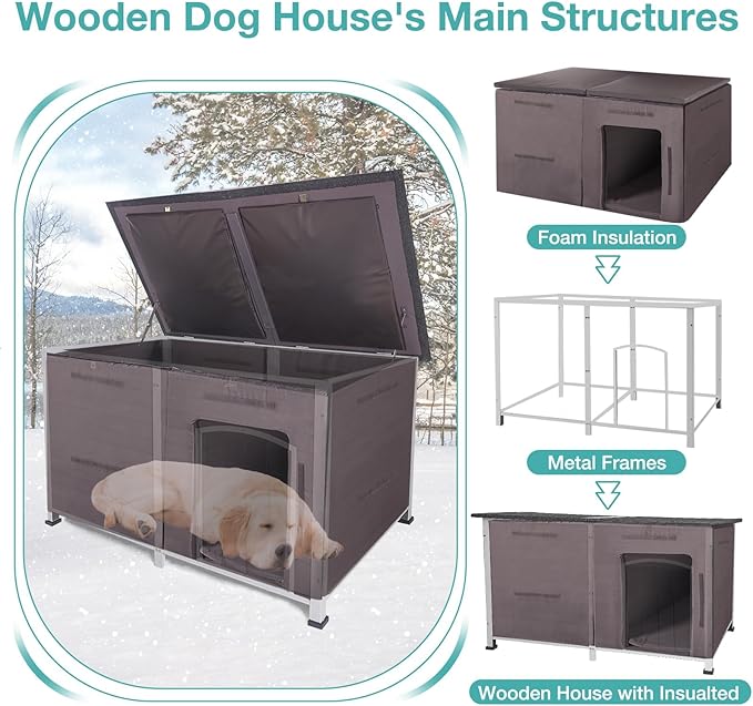 59" Extra Large Outdoor Dog House with Insulated Liner,Dog Kennel with All-Around Iron Frame,Weatherproof Dog Shelter for Small to Large Sizes Dog Kennel (Grey, L)