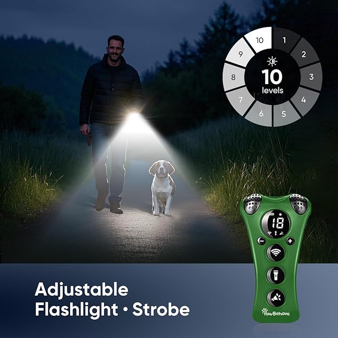 Adjustable Ultrasonic Dog Trainer β World's 1st Variable Frequency Pet Behavior Corrector with 10 Level Ultra Sound, 18 Dog Whistles, Anti-Bark Strobe Light, Humane Deterrent (Dark Green)