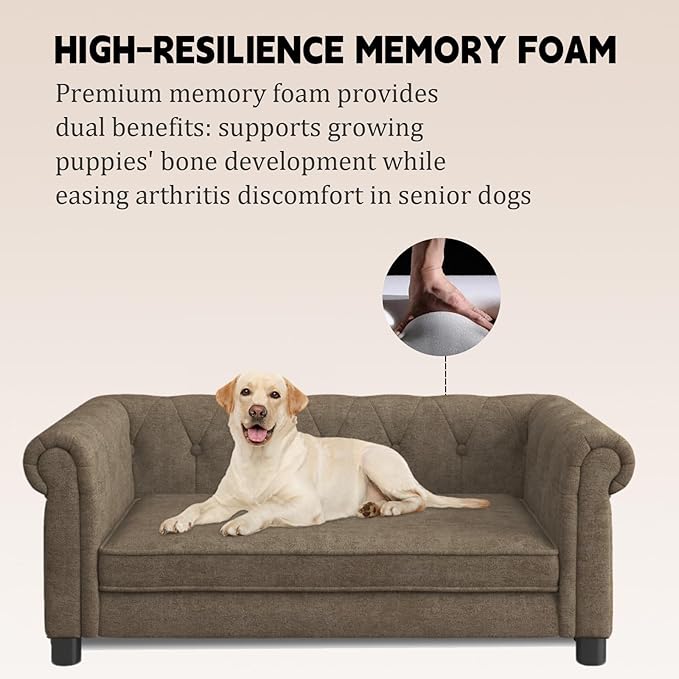 39" Dog Sofa Couch Bed for Small to Large Dogs, Soft Memory Foam Pet Sofa with Removable Cover, Comfortable Pet Couch with Backrest and Armrests, Easy to Clean and Maintain