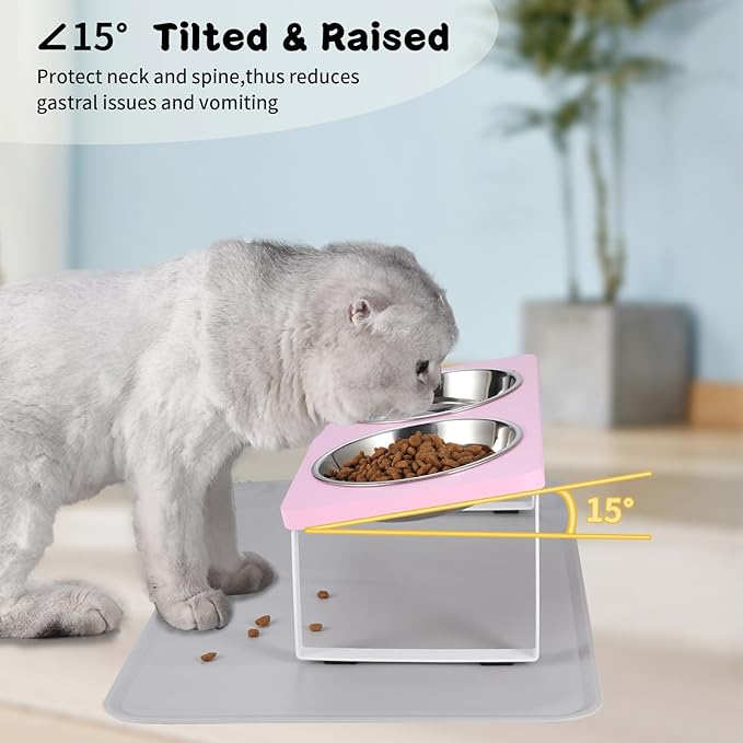 Upgraded Elevated Cat Bowls with Food Mat,15°Tilted Stand Anti Vomiting Raised Cat Dishes for Food and Water,2 Stainless Steel Bowls for Cats and Puppy(Pink)