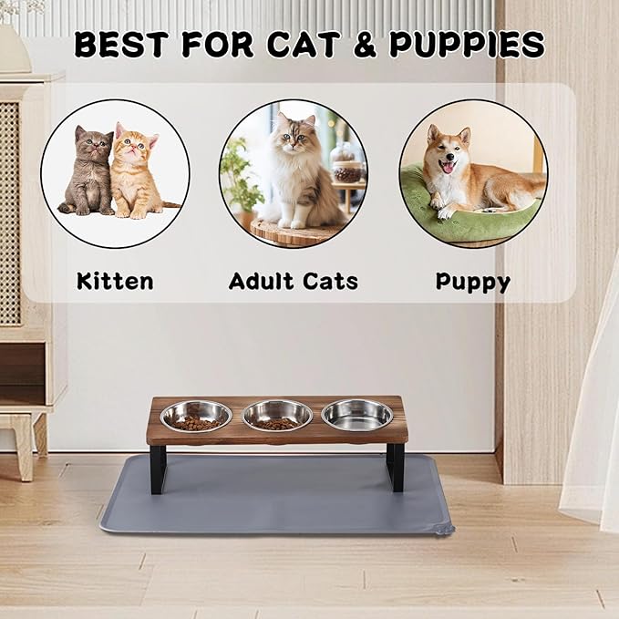 Upgraded Elevated Cat Bowls with Food Mat,15°Tilted Stand Anti Vomiting Raised Cat Dishes for Food and Water,3 Stainless Steel Bowls for Cats and Puppy(Rustic Brown)