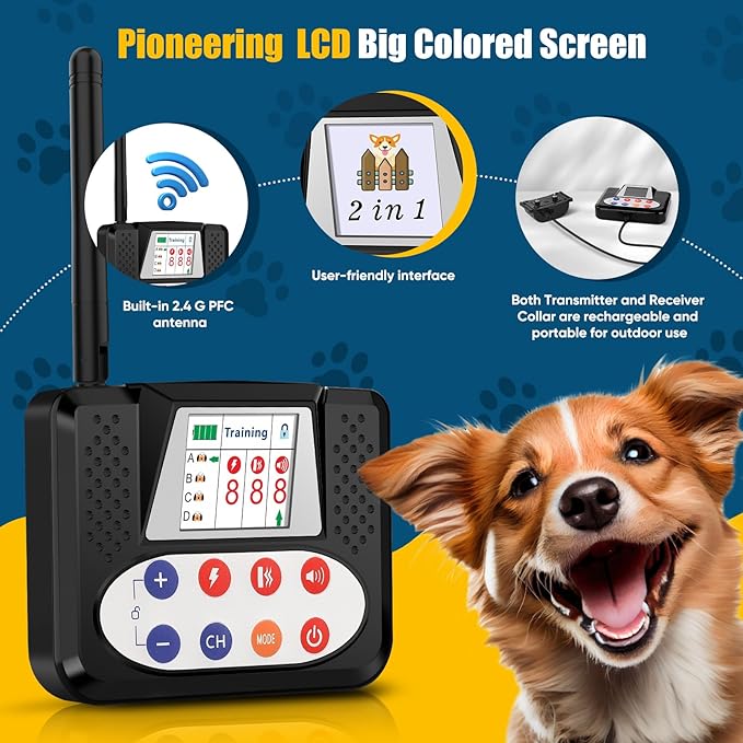 Wireless Dog Fence, Electric Fence for Dogs with Big LCD Color Screen, Portable Wireless Pet Fence with Remote Training Collar, Dog Perimeter Fence, Adjustable Collar for Big Medium Small Dogs