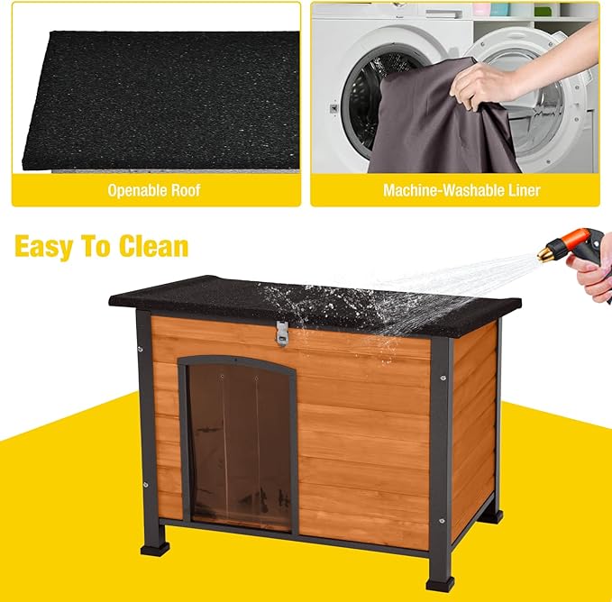 Aivituvin Dog House Outdoor & Indoor Wooden Dog Kennel for Winter with Raised Feet Weatherproof for Small & Medium & Large Dogs,Unique All-Around Iron Frame (Brown, M)