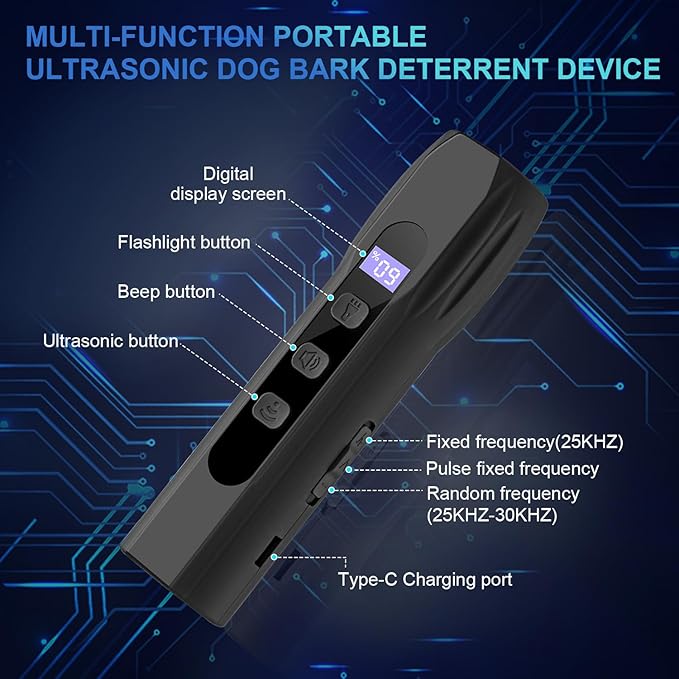Dog Bark Deterrent Devices, Anti Barking Device for Dogs Training & Behavior Aids, Rechargeable Ultrasonic Dog Bark Control Devices with Digital Display, Portable Dog Training Tools for Indoor Outdoor