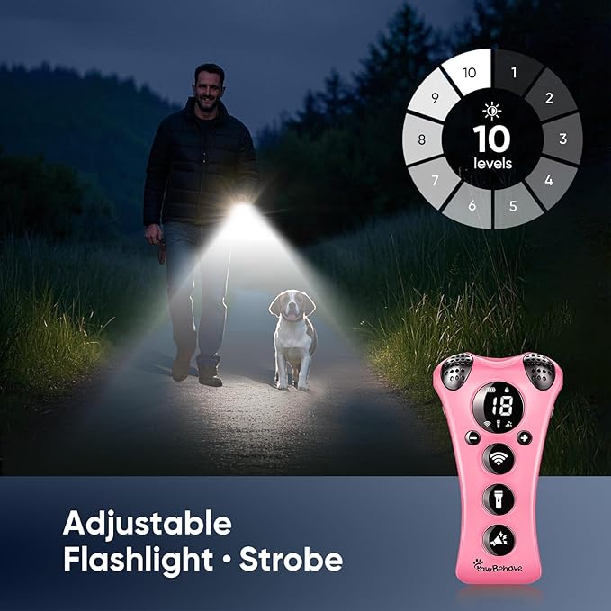 Adjustable Ultrasonic Dog Trainer β World's First Variable Frequency Pet Behavior Corrector with 10 Level Ultra Sound, 18 Dog Whistles, Anti-Bark Strobe Light, Humane Dog Deterrent (Pink)