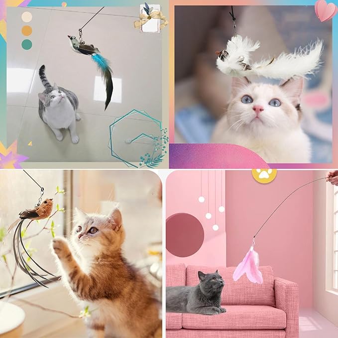 9PCS Suction Cup Cat Toy Set, Interactive Cat Toys for Indoor Cats with 2 Flexible Wands, Strong Suction Base and 3 Replacement Bird 3 Feather Toys with Bells for Kittens and Adults