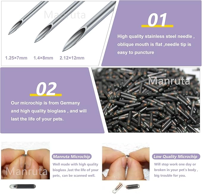 Animal ID Microchip with Sharp Needle 10 Pack 12 MM Length, Use for Pets Dogs Cats Horse Pig Sheep Cow Monkey Identification and Registration Universal Standard