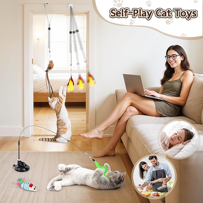 HONGDDY Interactive Bird Simulation Cat Toys,4 in 1 Cat Toys for Indoor Cats, 4 Replacement Birds,Hanging Door Kitten Wand with Suction Cup Removable Feathers Balls Mice Butterfly Streamers