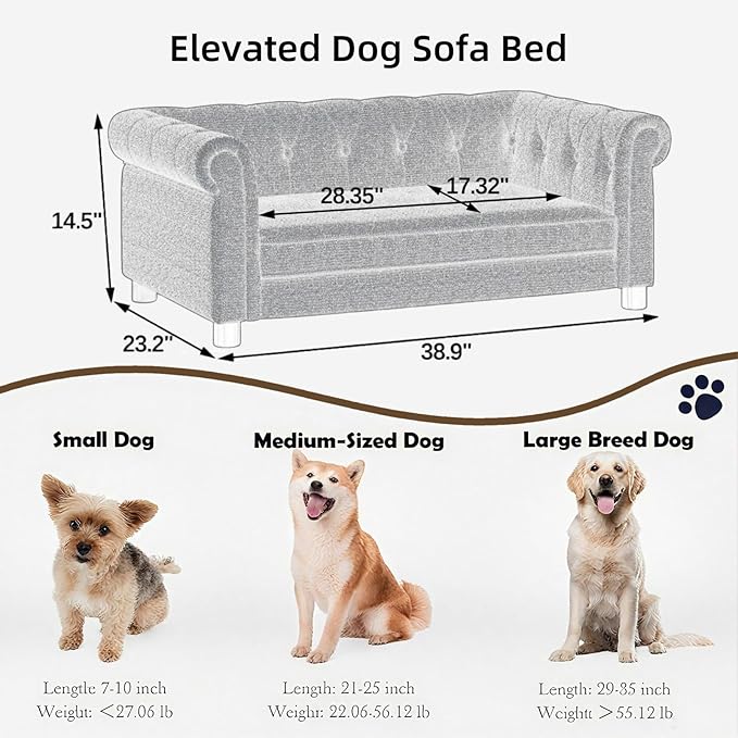 39" Dog Sofa Couch Bed for Small to Large Dogs, Soft Memory Foam Pet Sofa with Removable Cover, Comfortable Pet Couch with Backrest and Armrests, Easy to Clean and Maintain