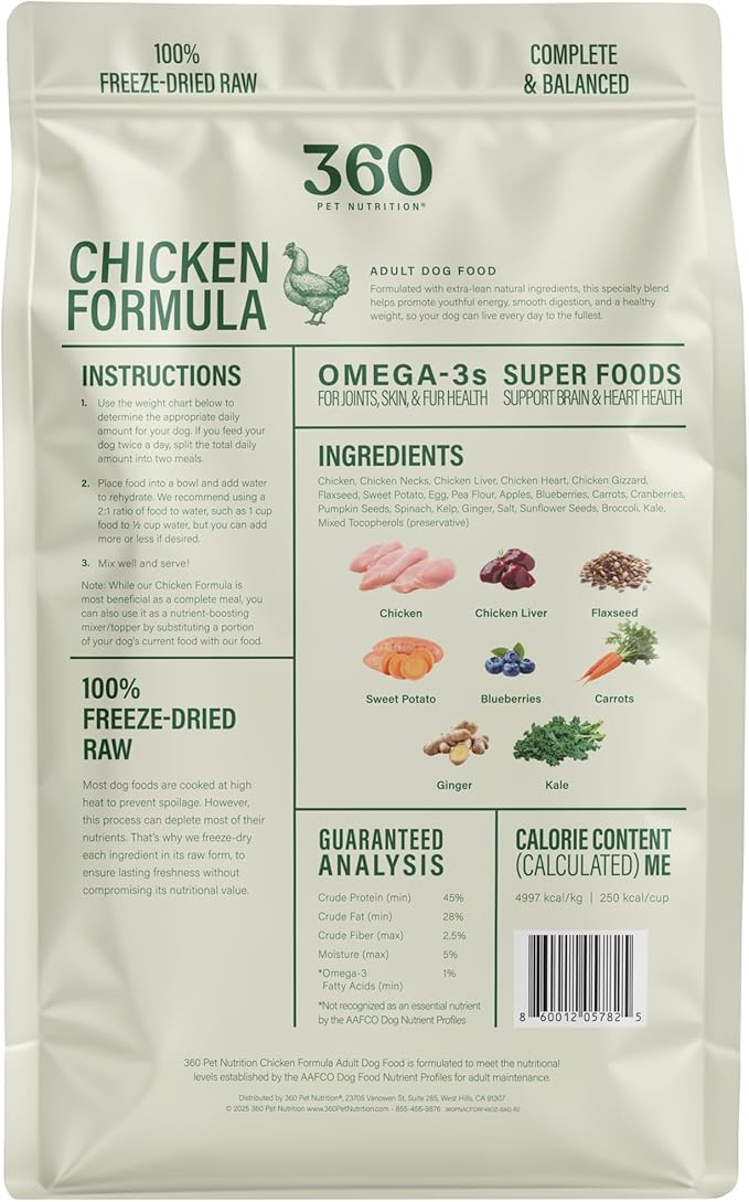 360 Pet Nutrition Freeze-Dried Raw Dog Food, High Protein, Balanced Meal, Chicken, Liver, Heart, Fruit, Veggies, Superfoods, No Fillers, 48 oz Food/Bites/Kibble (Chicken) Made in USA