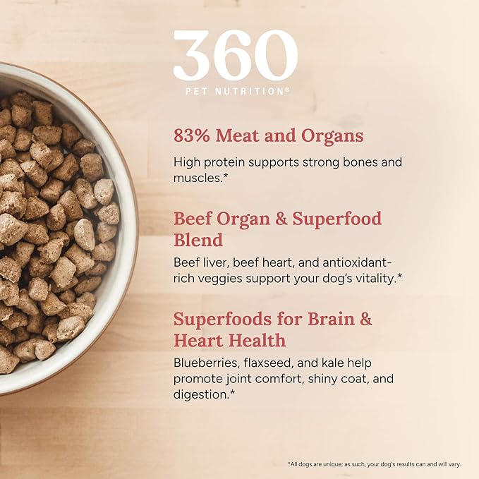 360 Pet Nutrition Raw Freeze-Dried Dog Food, High Protein, Balanced Meal, Chicken, Liver, Heart, Fruit, Veggies, Superfoods, No Fillers (3 Pound (Pack of 1), Beef)