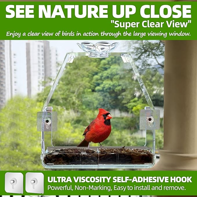 Window Bird Feeder with Non-Marking Self-Adhesive Hooks, Clear and Transparent, Outdoor Wild Bird Watching Gift, Garden Decor (with Large Window)