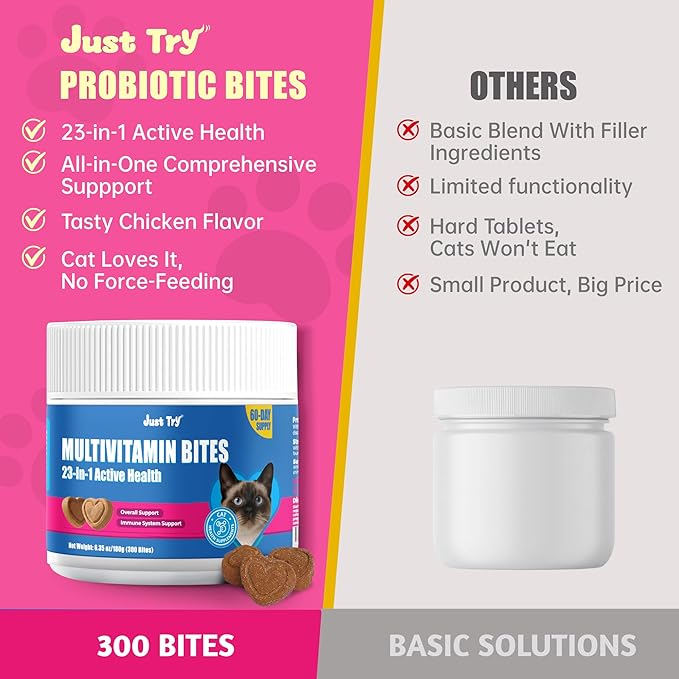 Just Try 23 in 1 Taurine for Cats Vitamins Bites - Cat Treats for Immune, Skin & Coat & Heart Health - Multivitamin, Omega 3, Biotin, Lysine for Cats - Daily Supplements 300 Bites