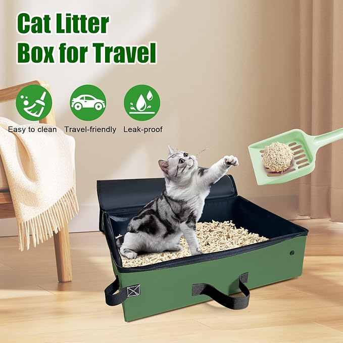 20x14x6.5 Inches, Upgraded Portable Cat Travel Litter Box with Zipped Lid & 10 Liners, Leak-Proof and Foldable Travel Cat Litter Box for Hotels, Car, and Camping, Odor-Free & Waterproof (Army Green)
