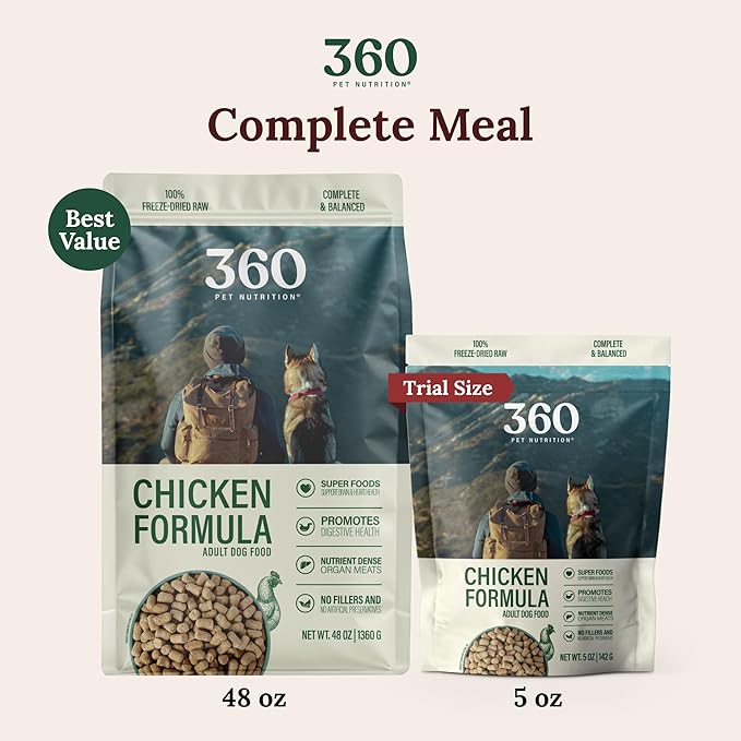 360 Pet Nutrition Freeze-Dried Raw Dog Food, High Protein, Balanced Meal, Chicken, Liver, Heart, Fruit, Veggies, Superfoods, No Fillers, 5 oz Food/Bites/Kibble Trial Size (Chicken) Made in USA