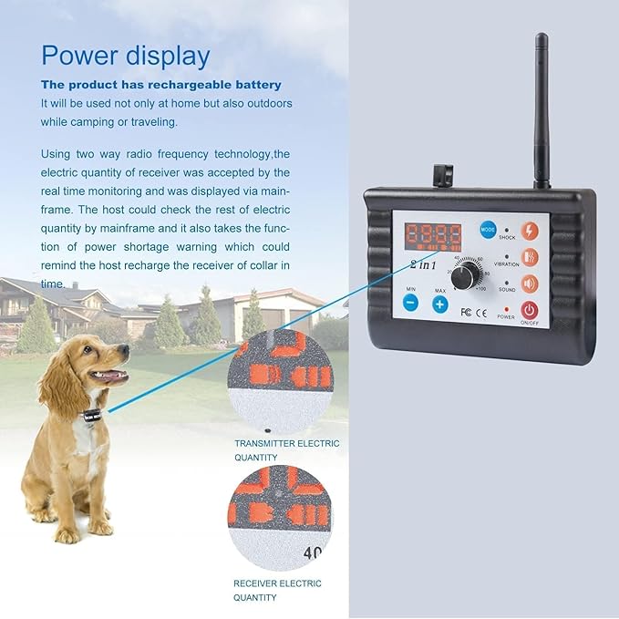 Wireless Dog Fence Training Collar Pet Two Way Signal 2-in-1 System, Adjustable Control Range Warning Strength, Display Battery Level, Waterproof Reflective Dog Collar