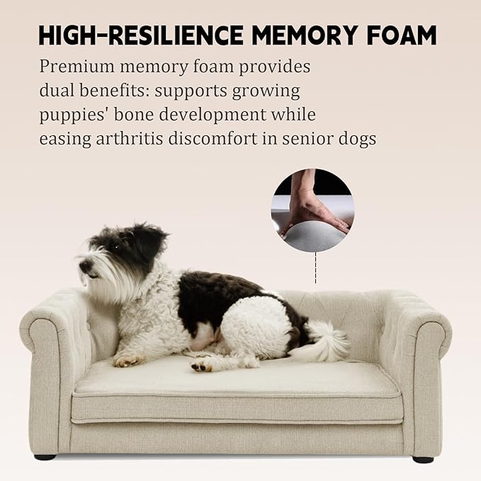 39" Dog Sofa Couch Bed for Small to Large Dogs, Soft Memory Foam Pet Sofa with Removable Cover, Comfortable Pet Couch with Backrest and Armrests, Easy to Clean and Maintain