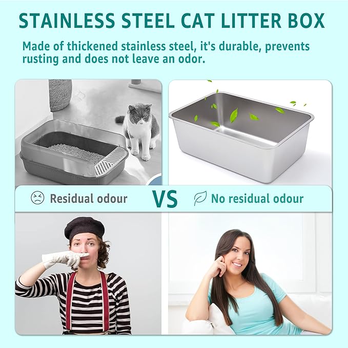 Stainless Steel Litter Box -6in High Side,Metal Litter Box for Cat/Kitty/Rabbits 17" L x 13.8" W x 6" H,Stainless Steel Cat LitterBox-Metal PanToilet,No Smell, Non Stick, Easy Clean.