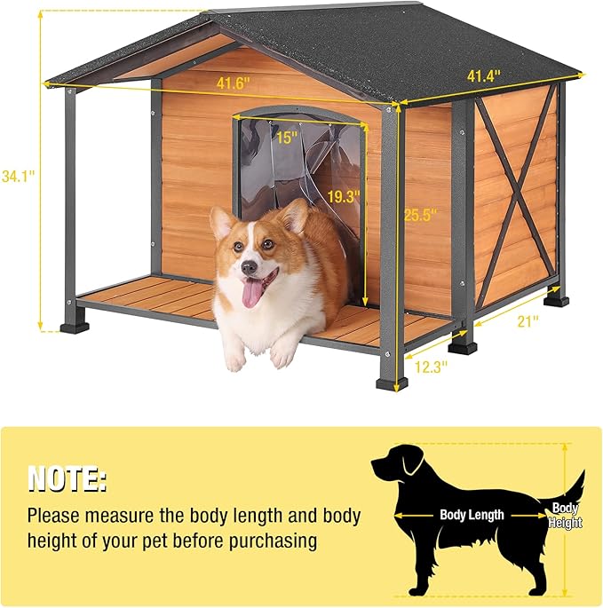 Aivituvin Dog House Outdoor with Metal Frame, Dog Kennel Outside for Large Breed, 41.5" Weatherproof Large Dog Shelter with Anti-Chewing Iron Frame, Brown (41.38" D x 41.54" W x 34.05" H)