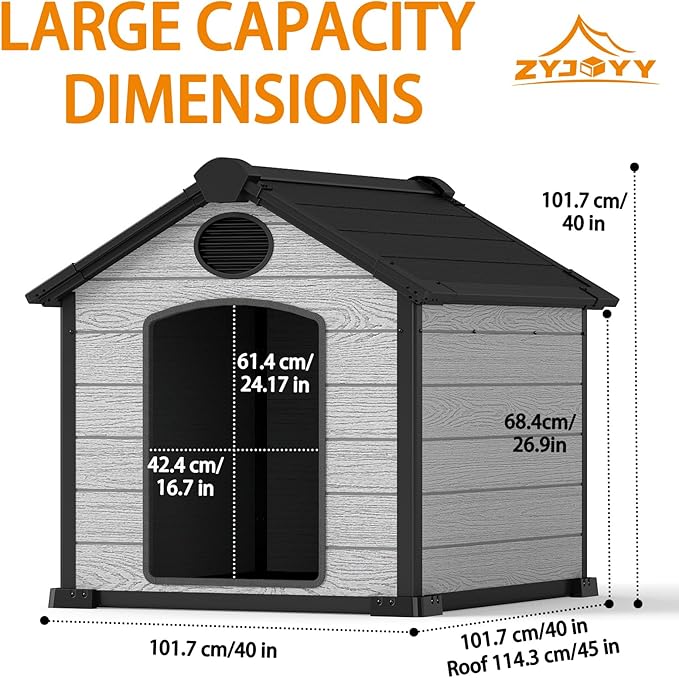 45" Large Dog House Outdoor Indoor with Durable Waterproof Resin Plastic for Medium Large Dogs, Dog House Bed with Air Vents and Elevated Floor, Easy to Assemble (Grey, 45" L x 40" W x 40" H)