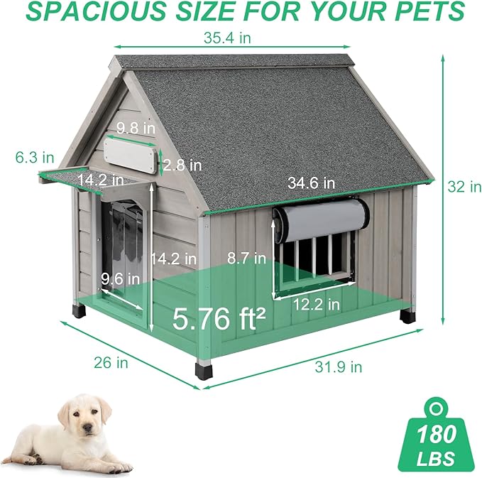26" L Outdoor Dog House with Waterproof Asphalt Roof for Small to Medium Dogs,Large Wooden Indoor Dog Kennel with Anti-Chewing Metal,Oxford Cloth Window,Durable Doghouse for 1-2 Dogs