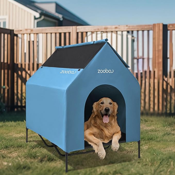 48" XL Outdoor Dog House – Weatherproof Elevated Pet Shelter, Breathable Mesh & Steel Frame, Easy to Assemble & Clean, Large Dog Houses for All Seasons (Blue)