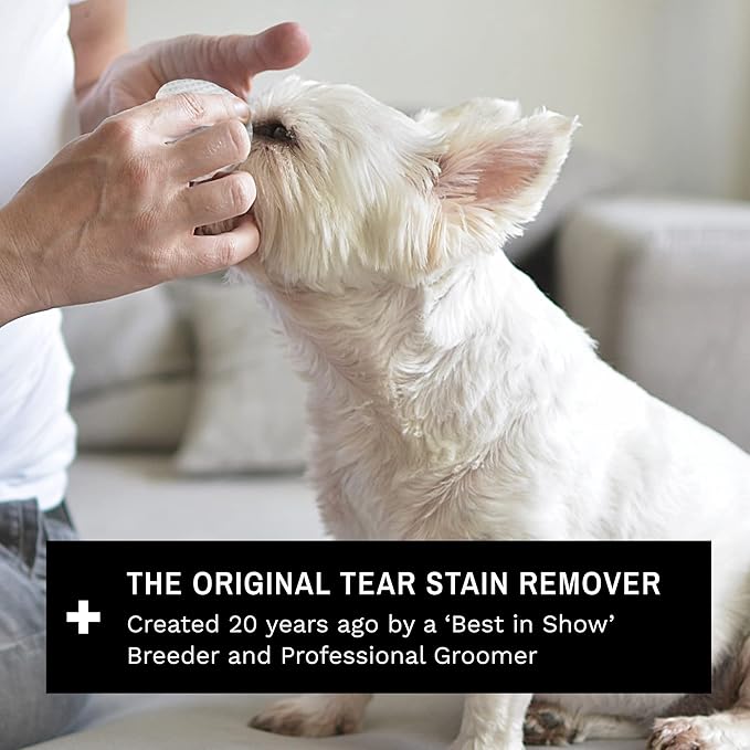 Eye Envy Tear Stain Wipes for Dogs. Textured to Gently Clean. Presoaked in 100% Natural Formula. Recommended by AKC Breeders, Vets, Groomers. Treats The Cause of Staining. USA Made. 60 Dog Eye Wipes