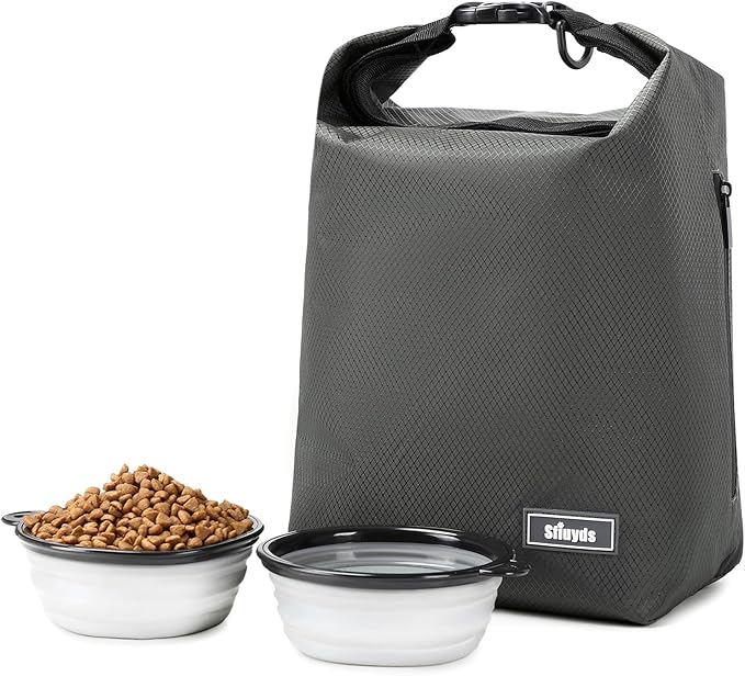 Waterproof Pet Food Storage Bag,Dog Food Container 12 lb w/2PCS Collapsible Dog Travel Bowls and Zipper Side Pocket(Gray, Small)