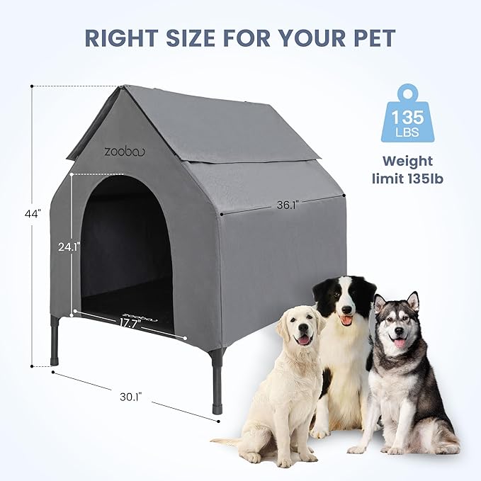 36" Large Dog House for Large Dog Indoor or Outside, Weatherproof 600D PVC Outdoor, Featuring Breathable 2x1 Textilene Elevated Dog Bed, Easy Clean(Grey)
