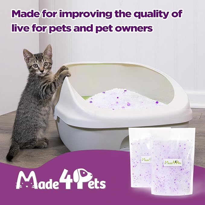 Made4Pets Cat Litter Crystals Kitty Litter Odor Control Crystal Litter Non Clumping No scooping Low Dust, Low Tracking, Lightweight, Dehydrates Waste,Lavender– 13.2 lbs (4 x 3.3 lb Packs)